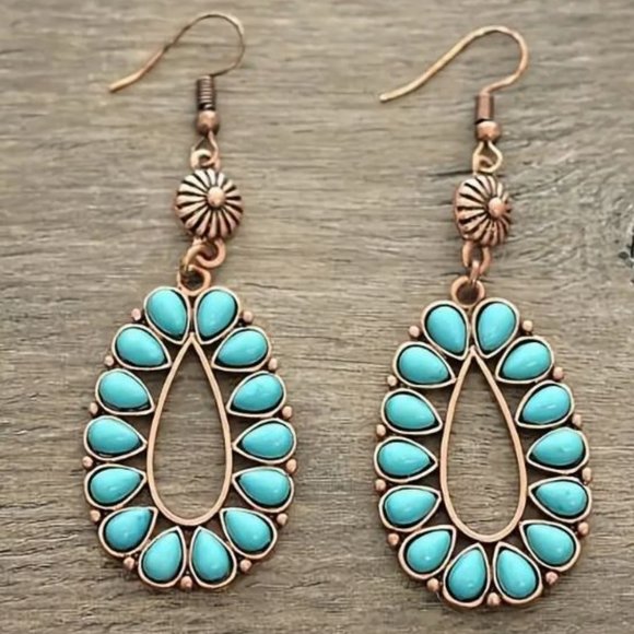 Western Copper Tone Faux Turquoise Stone Earrings - Picture 1 of 1